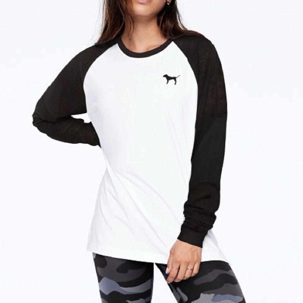 Victorias Secret Pink Logo Mesh Sleeve Colorblock Baseball Tee White Black Large